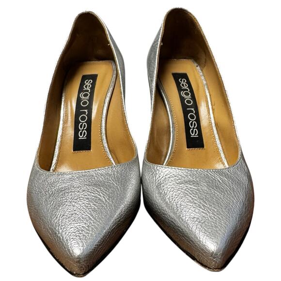 Sergio Rossi Silver Metallic Leather Pointed Toe Pumps Size 36 / US 6 - Picture 3 of 9